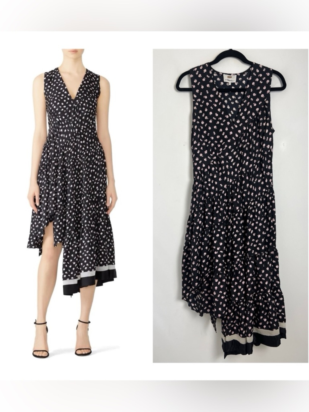 3.1 Phillip Lim Size 4 100% Silk Black Floral Print Asymmetrical Hem Midi Dress